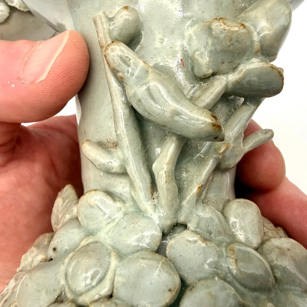 ATQ Pair of Chinese Celadon Crackle Glaze Vases High-Relief Botanical Appliqués